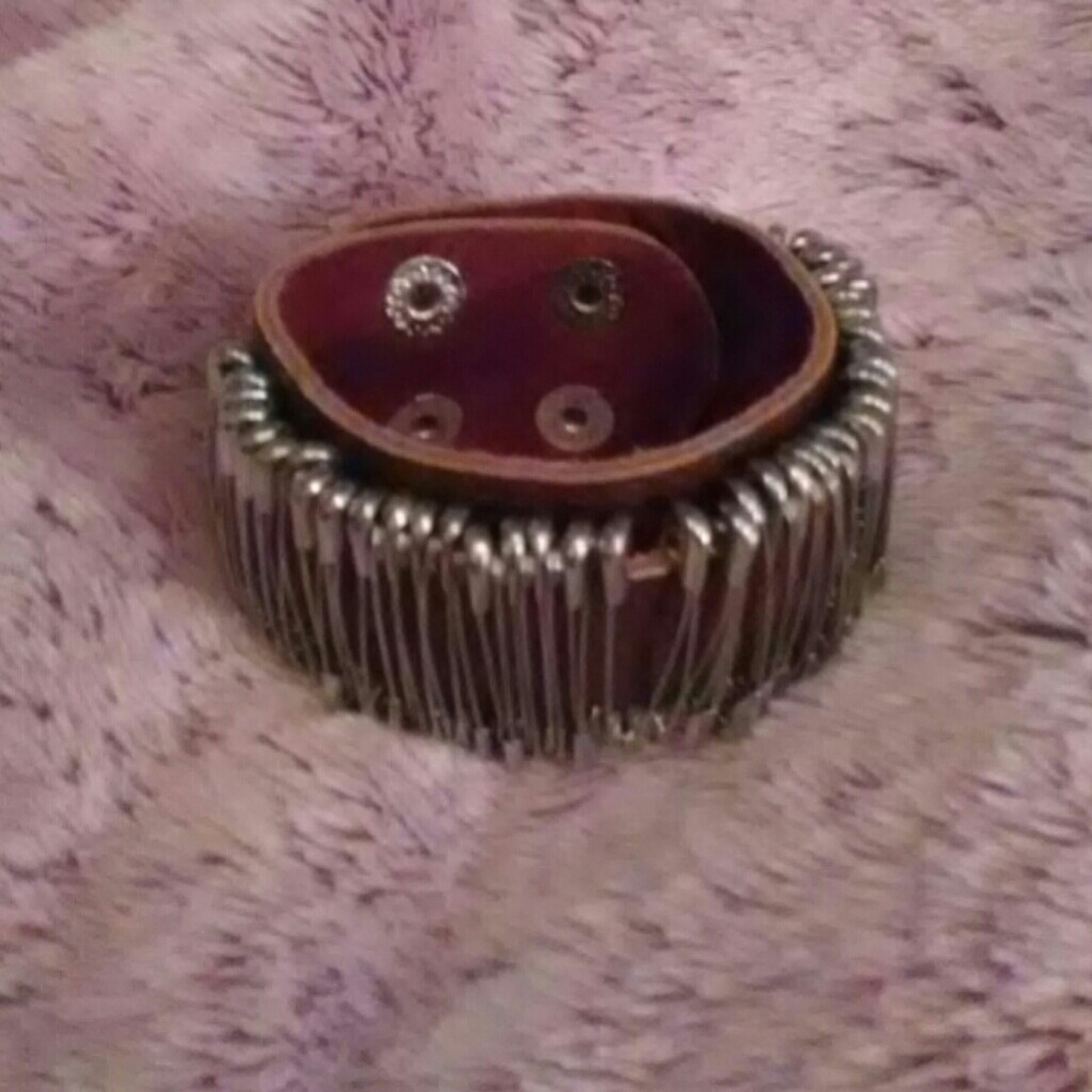 Brown leather punk bracelet with safety pin trim
